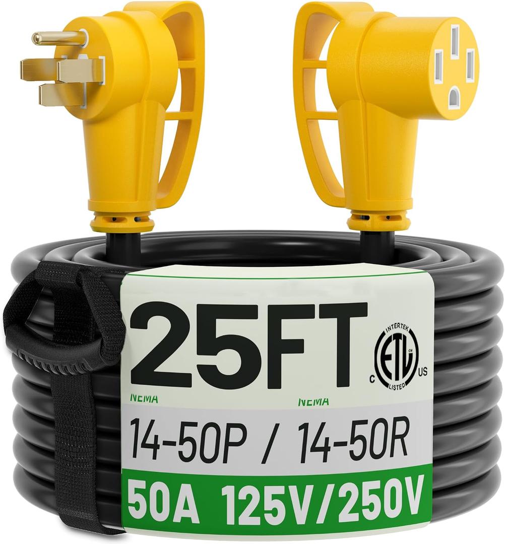 POWGRN NEMA 14-50P to NEMA 14-50R 25FT 50 Amp RV/EV Extension Cord Outdoor with Grip Handle, Flexible 4 Prong Heavy Duty RV Power Cord Waterproof, 50A 125/250V 6250/12500W STW, ETL Listed