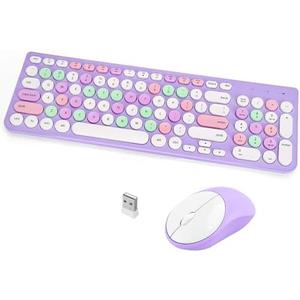 Wireless Keyboard and Mouse Combo, Retro Typewriter Keyboard with Round Keycaps, 2.4GHz USB Cute Wireless Keyboard Mouse for Computer, Desktop, Laptop (Purple Colorful)
