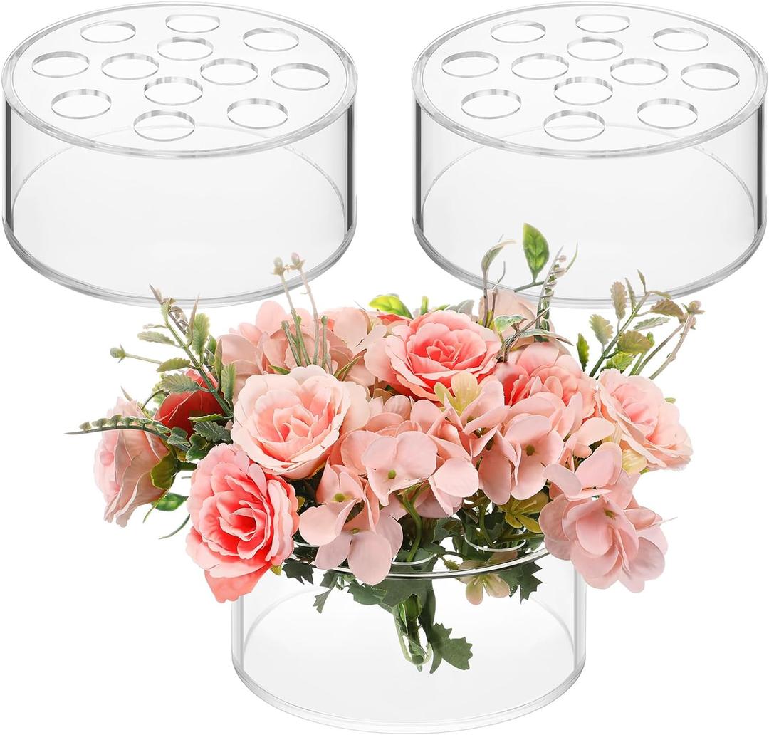 Tanlade Acrylic Floral Centerpiece for Dining Table Decorations Wedding Round Flower Vase Centerpiece Vases Table Low Flower Holder with Holes for Home Birthday Party(3 Pcs,5.51 Inches)