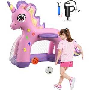 JOSEN Inflatable Toddler Basketball Hoop & Soccer Goal, 2-in-1 Mini Basketball Hoop Indoor Outdoor Sports Center Toys with DIY Stickers, Kids Birthday for Boys Girls 1 2 3 4 5 Year Old