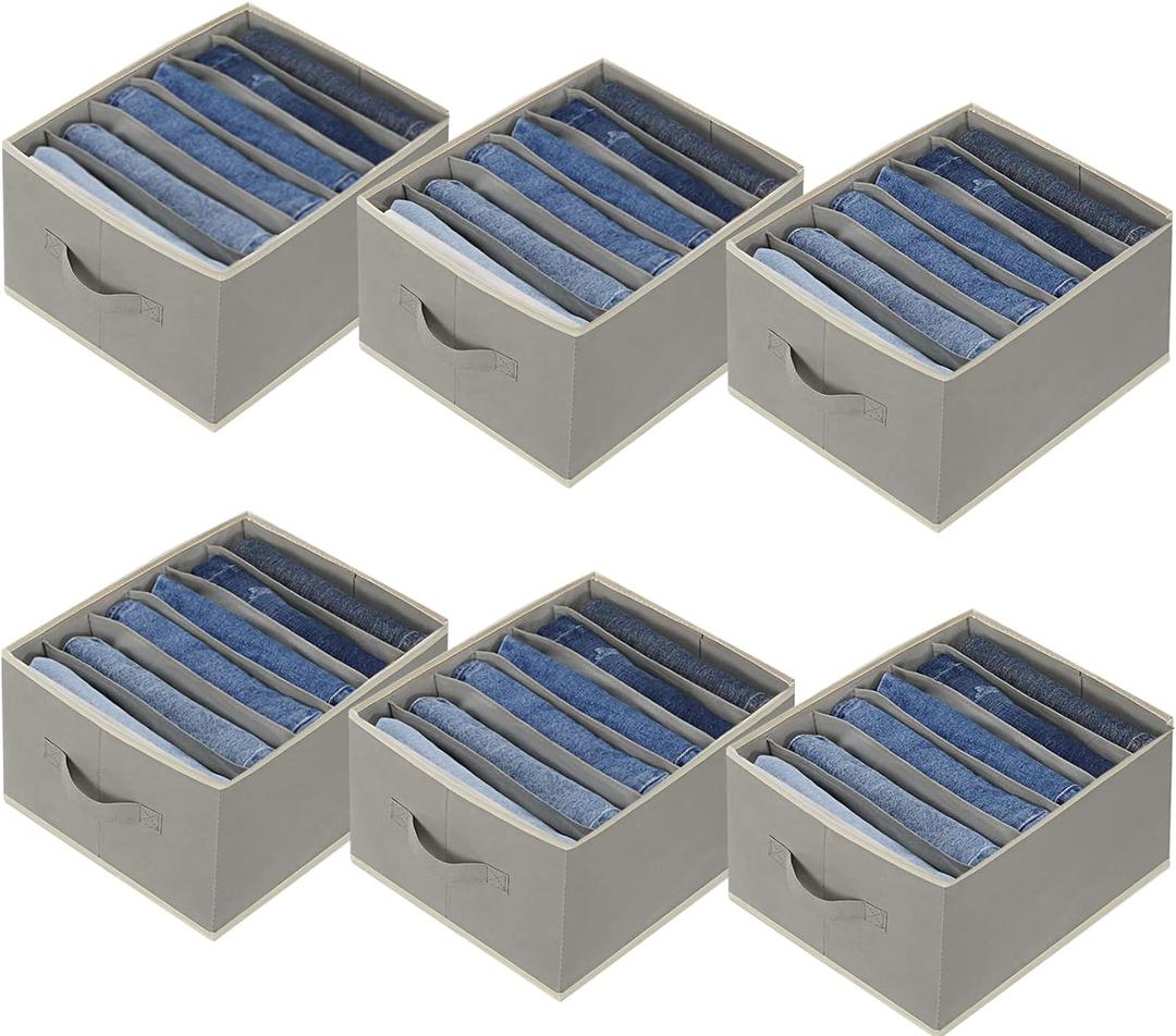 6 Pcs Large Size Wardrobe Clothes Organizers 6 Grids for Pants, Jeans, Sweater, T-shirt, Thin Coat, Dress Stackable Closet Drawer Organizer Storage Bin Container with Sturdy Handles, Grey