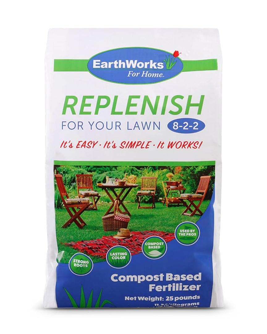 EarthWorks EW4H Replenish Lawn Fertilizer (8-2-2), Organic Compost Grass Food, Deep Root Turf Booster, Year-Round Green, Soil-Building Formula for All Seasons, 25 lbs