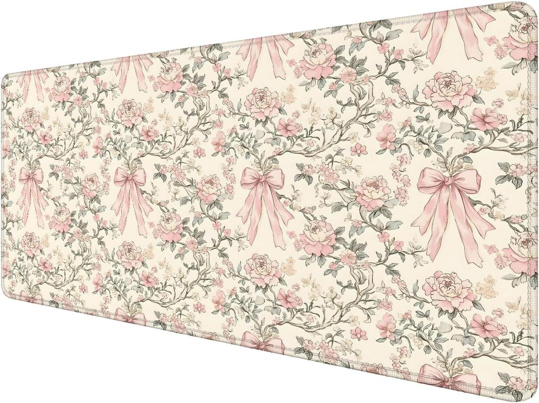 Vintage Pink Floral Large Mouse Pad 31.5x15.7inch, Coquette Girly Pink Bow Peony Flower Aesthetic Large Extended Computer Desk Mat Mousepad for Keyboard and Mouse, Preppy Desk Accessories