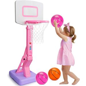 Toddler Pink Basketball Hoop Indoor Outdoor Age 1-3, Adjustable Kids Basketball Hoop with 3 Balls Backyard Outside Girls Basketball Goal Sport Toys for 1 2 3 4 Year Old Baby Girl Birthday Gifts