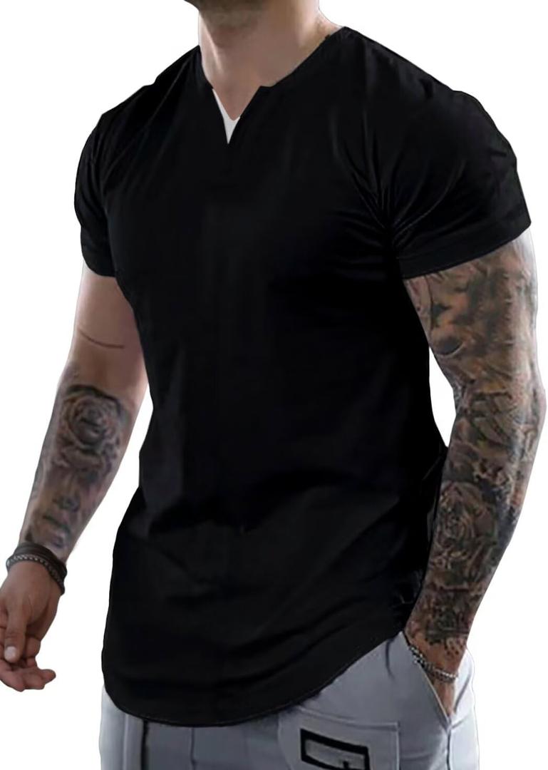 Dokotoo Men Mens Fashion T Shirts Casual Cotton Short Sleeve Henley Shirts Family Photo Outfits Summer Basic Top Black X-Large