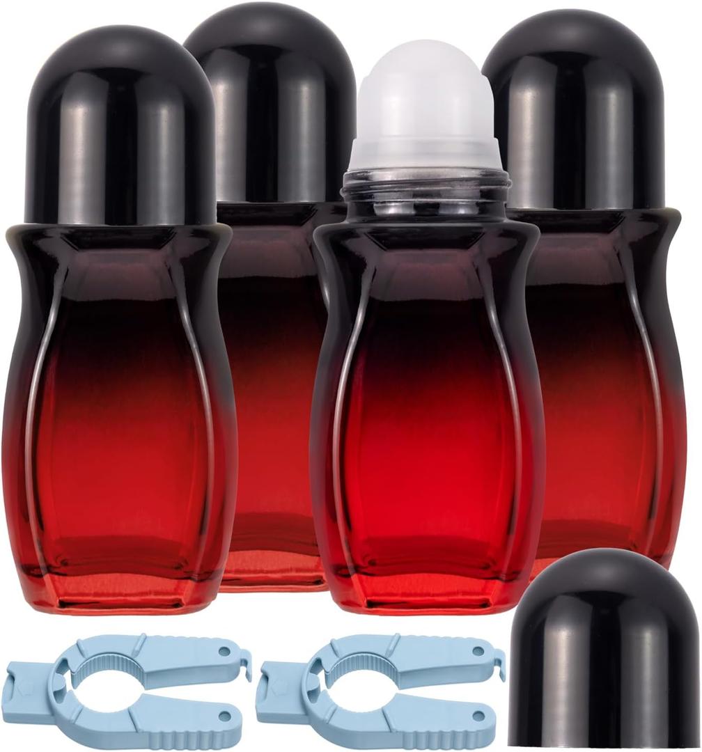 Ellbest 4Pcs Rollerball Bottles Set 50ml Gradient Red Glass Deodorant Roller Bottle with Plastic Roller Ball and 2Pcs Opener Perfume Roll On Bottles Deodorant Containers for Essential Oils (Black Lid)