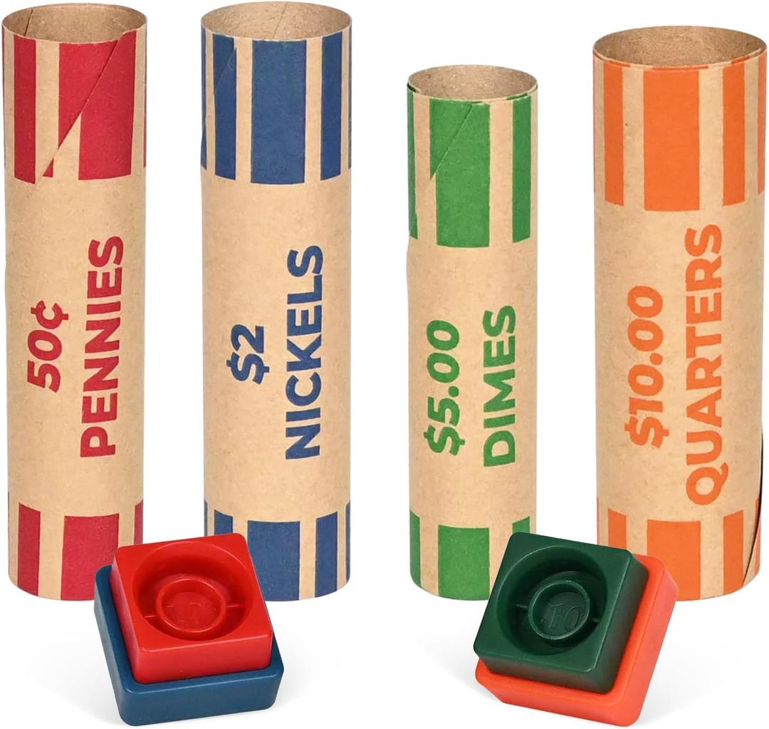 THEBLUETOUCH 512 Preformed Coin Roll Wrappers, Coin Wrapper Assorted with Crimped Edge Sealer - Quarters, Pennies, Nickels and Dimes