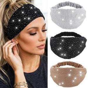 CAKURE Rhinestone Headband Black Wide Head Wraps Crystal Bling Headbands Elastic African Turban Stylish Yogo Exceise Hair Accessories for Women and Girls (Pack of 3) (set 2)
