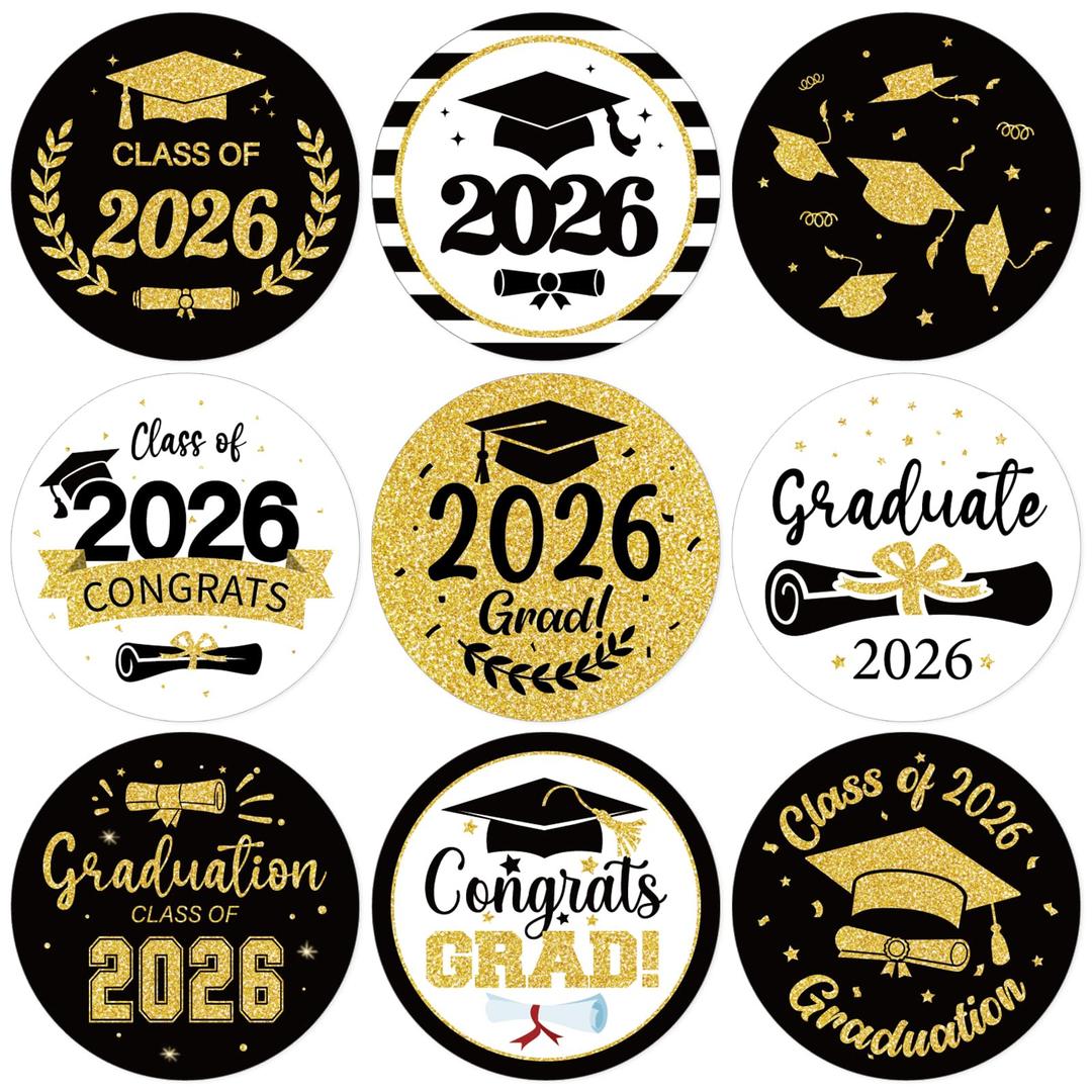 2 x 480Pcs Graduation Stickers 2026, Class of 2026 Stickers Graduation Envelope Seal Label Self Adhesive Congrats Grad Cap Sticker for Grad Party Favors (Black & Gold)