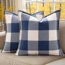 decorUhome Summer Buffalo Plaid Check Throw Pillow Covers 18x18 Set of 2 Outdoor Linen Decorative Farmhouse Gingham Pillow Covers with Stitched Edge for Bed Couch Sofa, Navy Blue and White