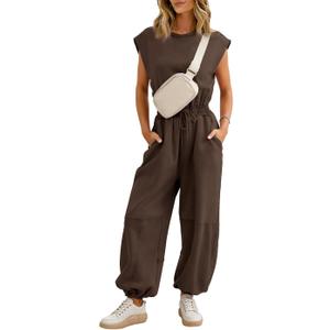 Flygo Womens Casual Jumpsuit Crewneck Cap Sleeve Long Wide Leg Pants One Piece Outfits Drawstring Romper with Pockets, Size: S