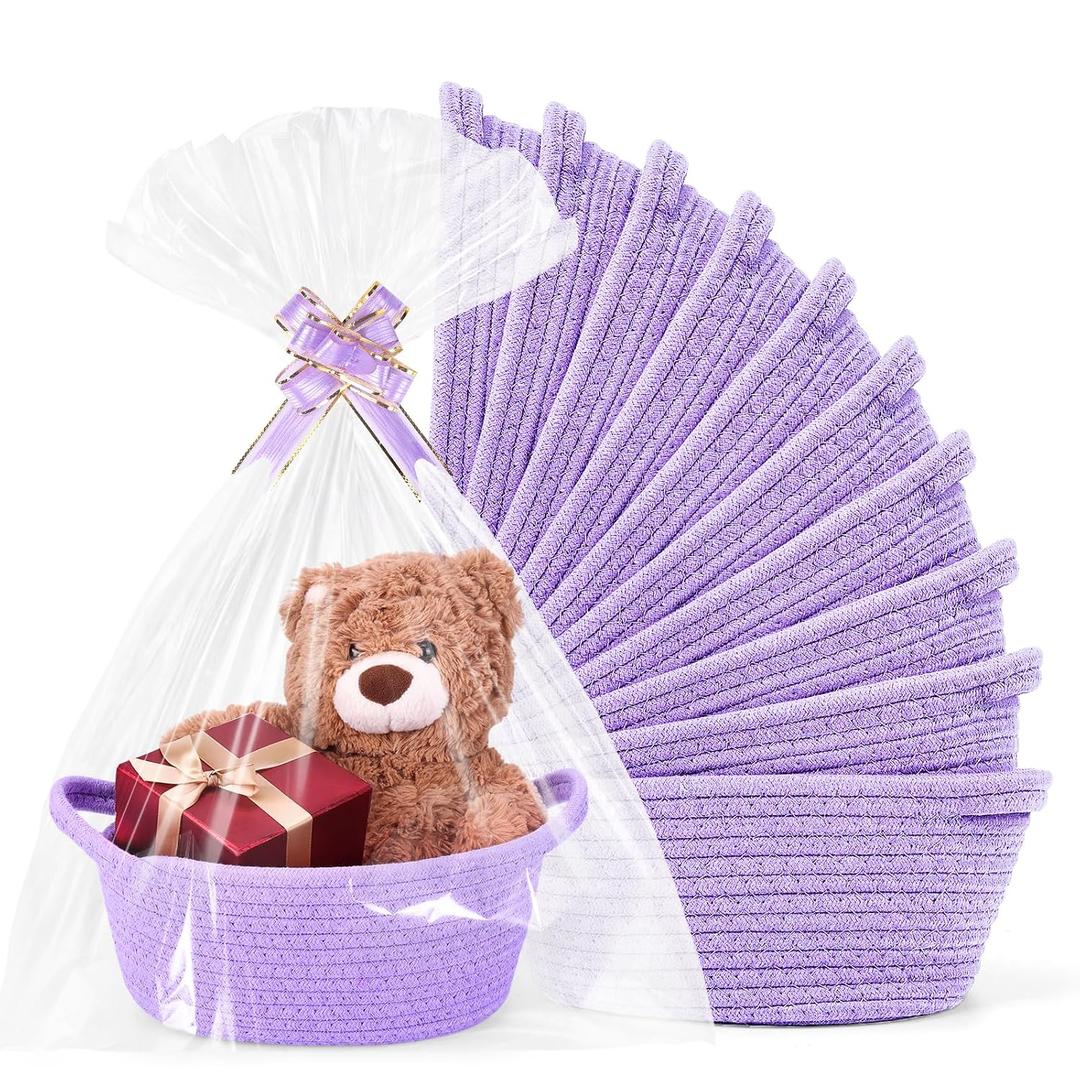 10PACK Purple Baskets for Gifts Empty, 12"x 8"x 5" Woven Gift Baskets with Gift Bags and Bows, Empty Gift Baskets for Christmas, Baby Gift Basket for Nursery, Shelf Small Storage Basket with Handles