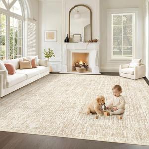 Living Room Rugs 10x14: Washable Moroccan Geometric Boho Rug Farmhouse Non Slip Stain Resistant Large Rug Low Pile Soft Carpet for Bedroom Dining Room Kids Room (Beige,10x14)