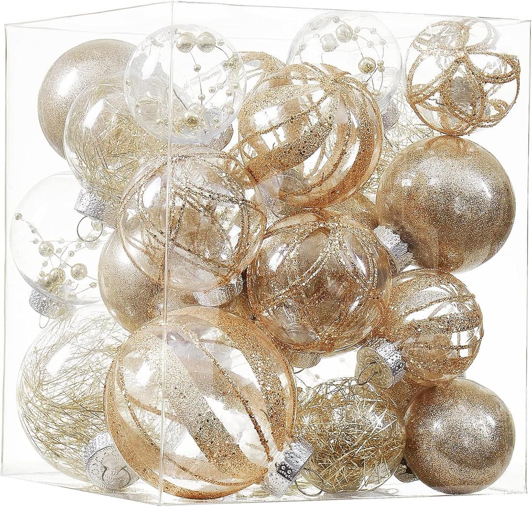 Clear Christmas Ball Ornaments,24ct Shatterproof Plastic Decorative Christmas Ornaments Hanging Xmas Tree Baubles Set with Stuffed Delicate Glittering Decorations for Holiday Party Decor (Champagne) (Multi-Size/24-Pack)