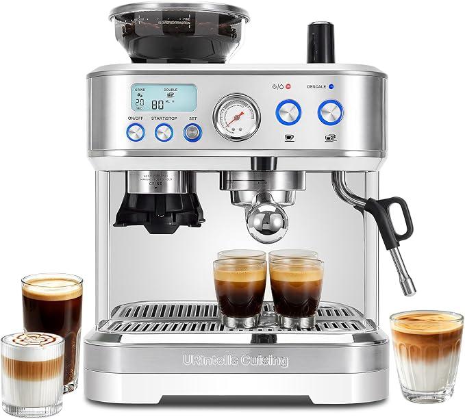 URintells Cuising Espresso Machine with Grinder, with 58mm System & Frother
Conical Burr Grinder, Italian ULKA Pump, 3 Adjustable Brew Temperatures, Pressure Gauge, Steam Wand for Cappuccino & Latte