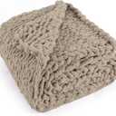 Chunky Knit Throw Blanket 50"X 60", 100% Handmade with Soft Chenille Yarn, 4.4lbs Thick Cable Knitted Blankets, Large Rope Knot Crochet Throws for Couch Sofa Bed Home Decor, Taupe