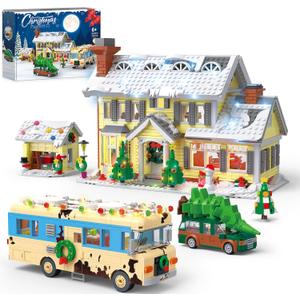 Snow Village Building Set,4 in 1 Christmas Vacation Holiday House&Cousin Eddie's RV&Picup Truck&Garage Building Blocks Model Kit Compatible with Lego for Child Adults(2056PCS)