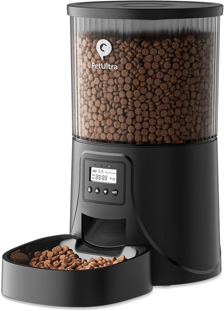 PETULTRA Automatic Cat Feeder: 4L Timed Cats Food Dispenser Programmable 1-6 Meal for Cat and Small Medium Dog- Auto Pet Feeder Easy to Set Up Dual Power Supply with Desiccant Bag| Detachable Washable, Black-Basic Edition