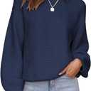 ZESICA Women's Crew Neck Long Lantern Sleeve Casual Loose Ribbed Knit Solid Soft Pullover Sweater Tops (Navy), M