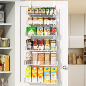 Delamu Adjustable Over the Door Pantry Organizer with Clear Acrylic Panel, 6-Tier Pantry Organization and Storage for Kitchen, Hanging Spice Rack Seasoning Shelves for Cabinet, Easy Install, White
