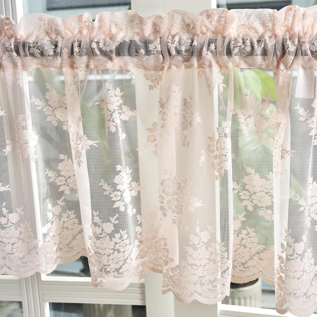 Kotile Blush Pink Sheer Valance Curtain for Windows, Country Rustic Floral Farmhouse Short Curtain Panel, Light Filtering Rod Pocket Vintage Lace Valance for Girls Room, 52 x 18 Inch, 1 Panel, Blush