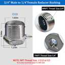2 Pcs Stainless Steel Bushing 3/4" Male to 1/4" Female, 3/4" to 1/4" NPT Adapter Hex Reducing Pipe Adapter Fitting Stainless Steel Fitting Pipe Hose Tube Adapter Convert