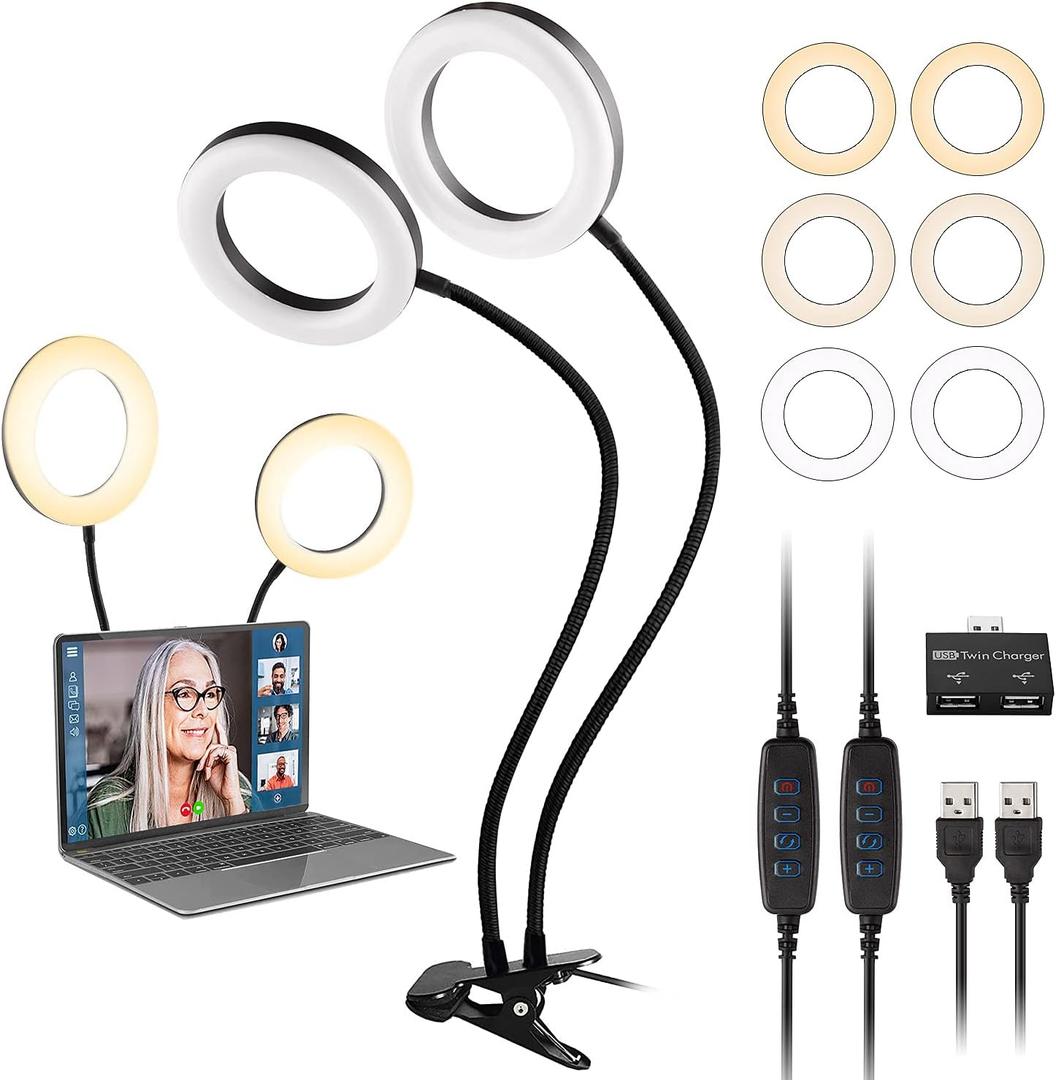 Dual Ring Light for Laptop, Computer, UPXDUMI 6 inch Desk Circle Light with Flexible Arm for Video Conferencing, Zoom Meetings, Streaming, Webcam Lighting, Video Recording, Photography, Makeup