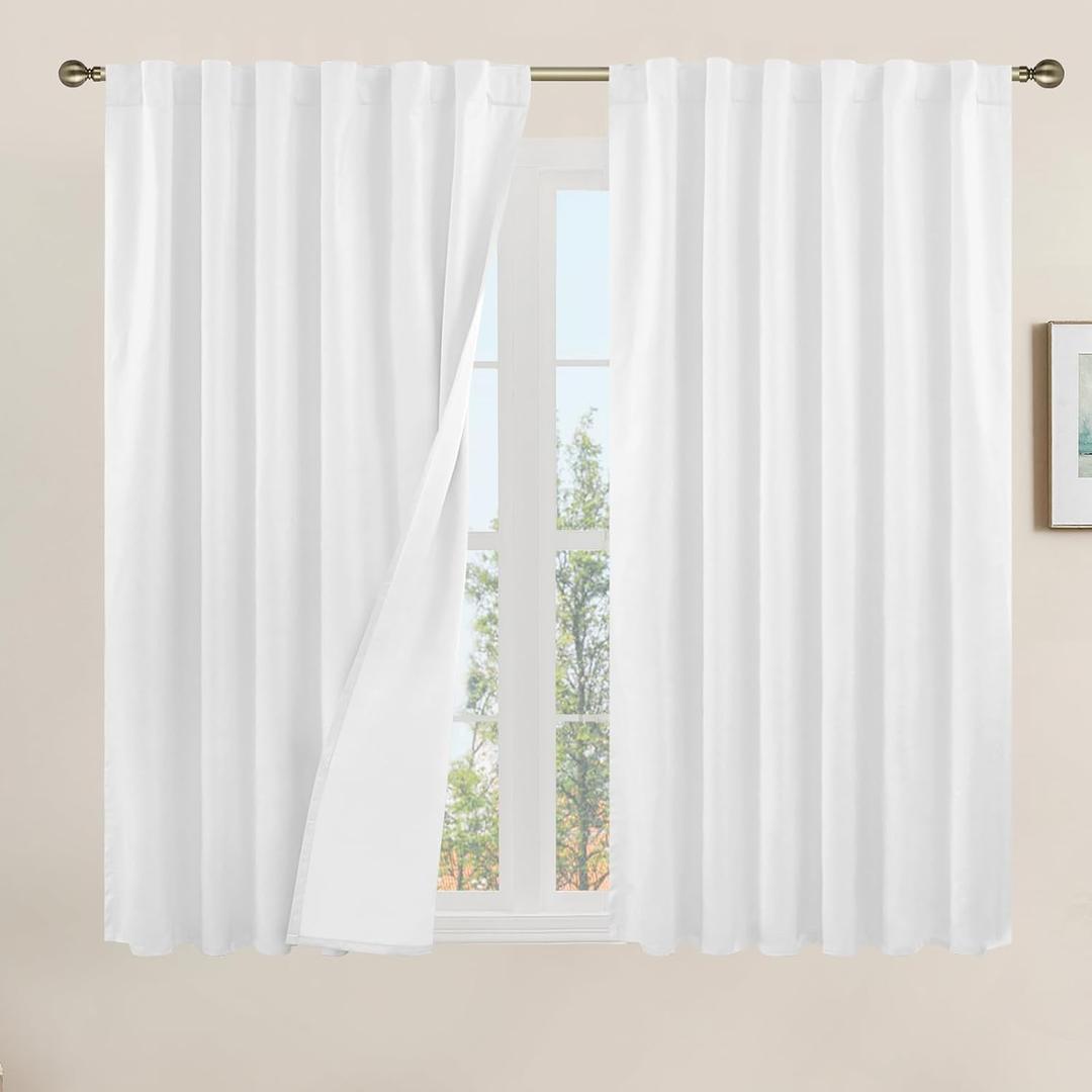 LAMIT Linen 100% Blackout Window Curtains for Bedroom, 45 Inches Linen Textured Thermal Farmhouse Curtains Back Tab and Rod Pocket Burlap Panels with White Liner, 2 Panels, 52 x 45 Inch, White