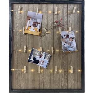 Clip Picture Frame with LED Fairy Lights, Solid Wood Frame with Wooden Clothespins to Hang Photos, Cute Accents, and Mementos, Vintage Home Decor, 15.75 x 19.25 (Black)