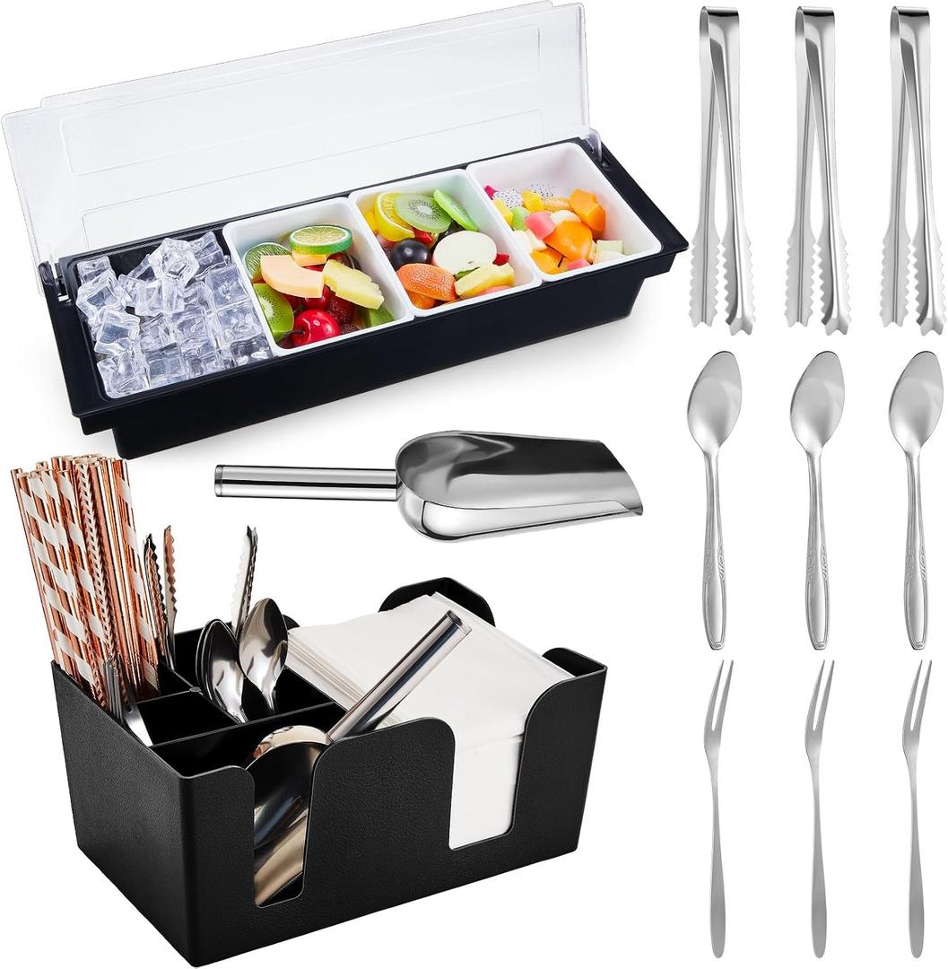 Tessco for you Garnish Tray with Lid Bar Caddy Ice Cooled Condiment Serving Container with Ice Scoop Metal Mini Serving Tongs Fruit Fork Spoons for Food Home Party Kitchen(Plastic,4 Grids)