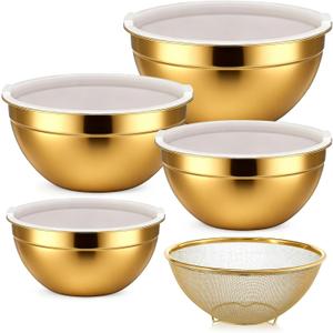 Gold Mixing Bowls with Lids Set, 4pcs Gold Stainless Steel Nesting Salad Mixing Bowls with Lid, Large Golds Strainer Basket 1.5, 2.0, 2.5, 4.0 Qt for Mixings Serving Food