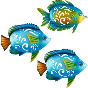 TERKEPT Metal Fish Wall Decor Coastal Ocean Sea Hanging Decorations Metal Fish Art Outdoor Wall Sculptures Garden Patio Fence Pool Decor