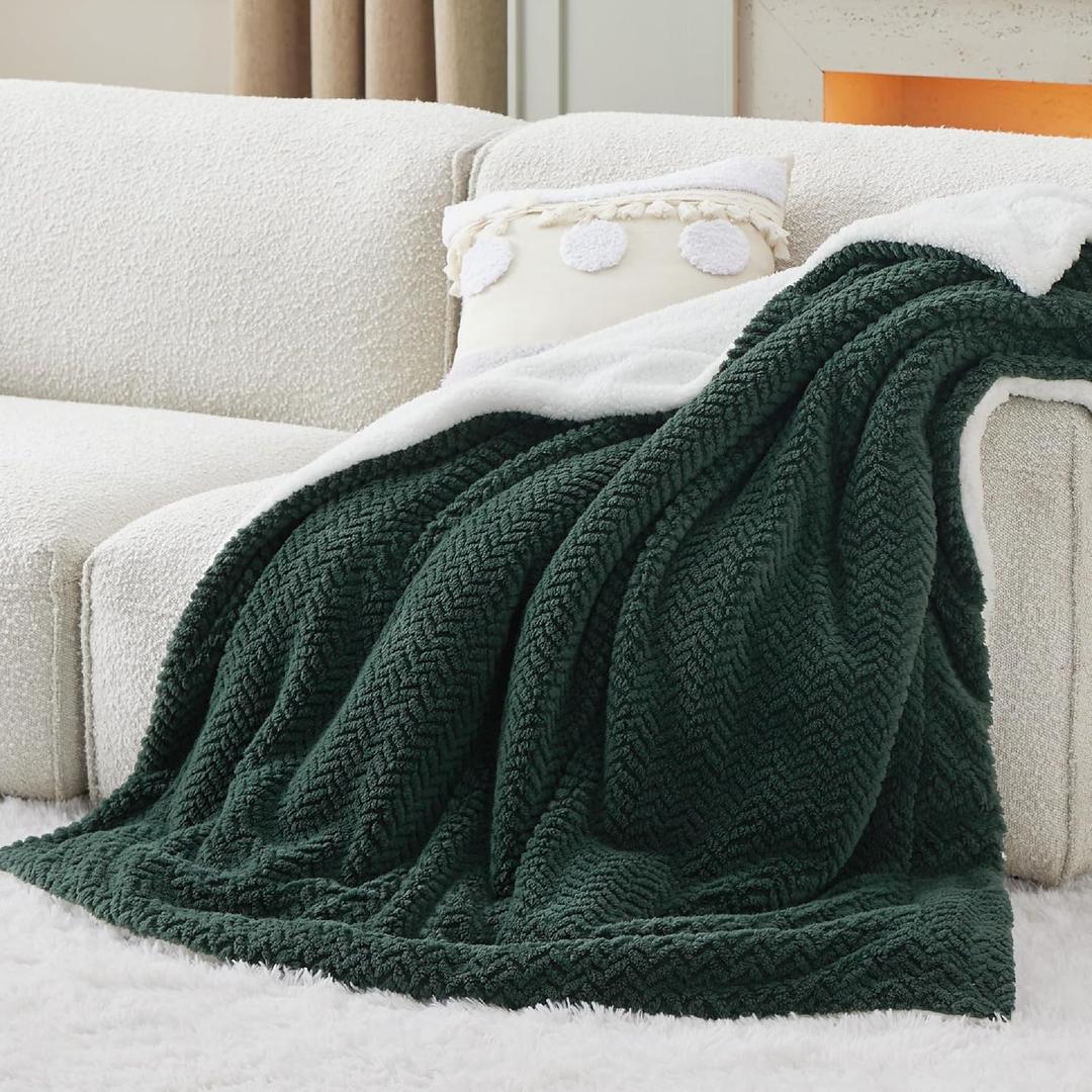 Bedsure Sherpa Fleece Throw Blanket for Couch - Herringbone Pattern Room Decor, Thick and Warm Christmas Blanket for Winter, GentleSoft Fuzzy Cozy Gifts for Women, Dark Green, 50x60 Inches