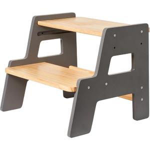 Toddler Step Stool for Kids - Height Adjustable Non-Slip Wooden Step Stool for Bathroom Sink, Kitchen & Potty Training 2-Step - Grey (Gray)