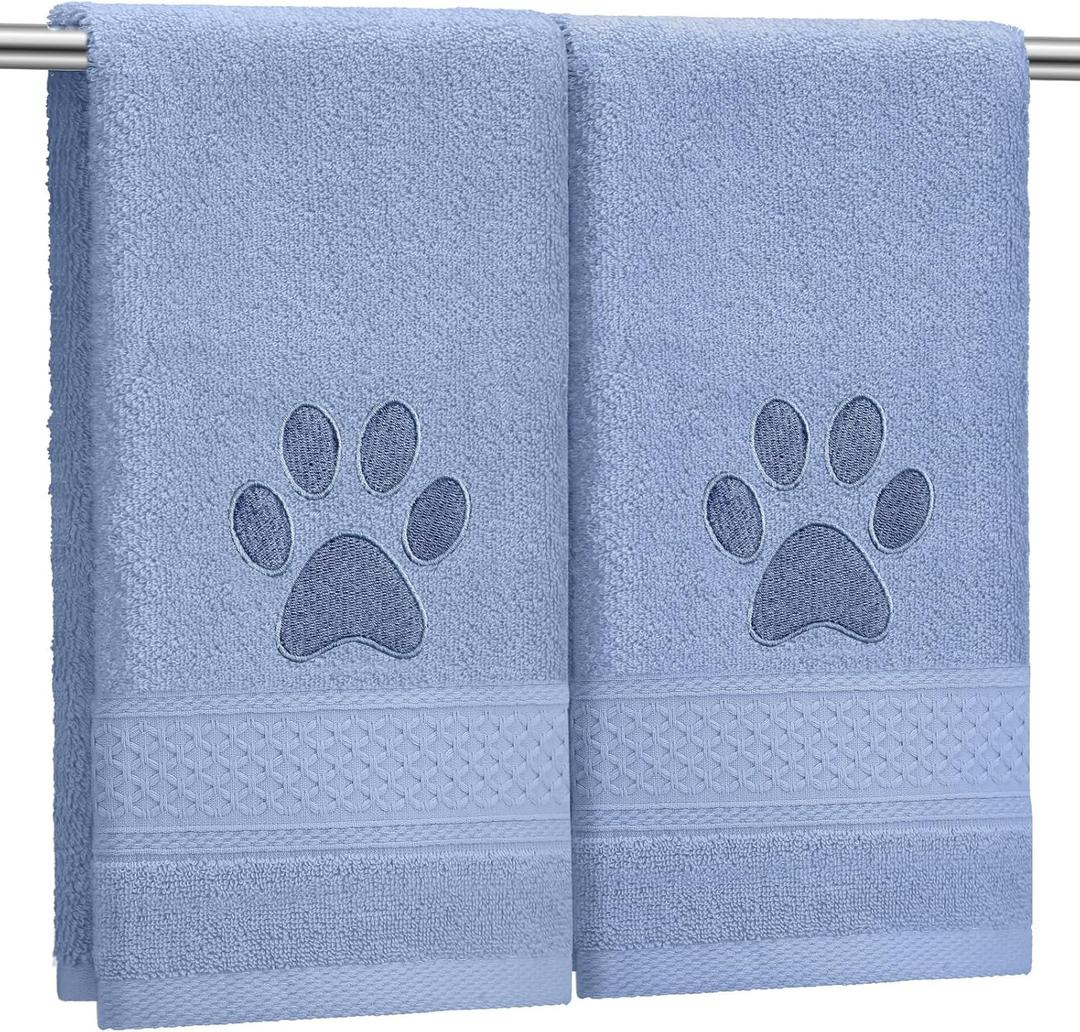 2 Pcs Dog Paw Hand Towels Blue Bathroom Decor 13 x 29 Inch 100% Cotton Embroidered Hand Towels Soft Absorbent Farmhouse for Kitchen Restroom