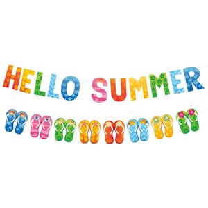 Hello Summer Banner and Colorful Flip Flop Banner Summer Hawaiian Tropical Beach Pool Slippers Garland Banner Summer Holiday Birthday Party Classroom Bulletin Board Fireplace Mantle Decorations