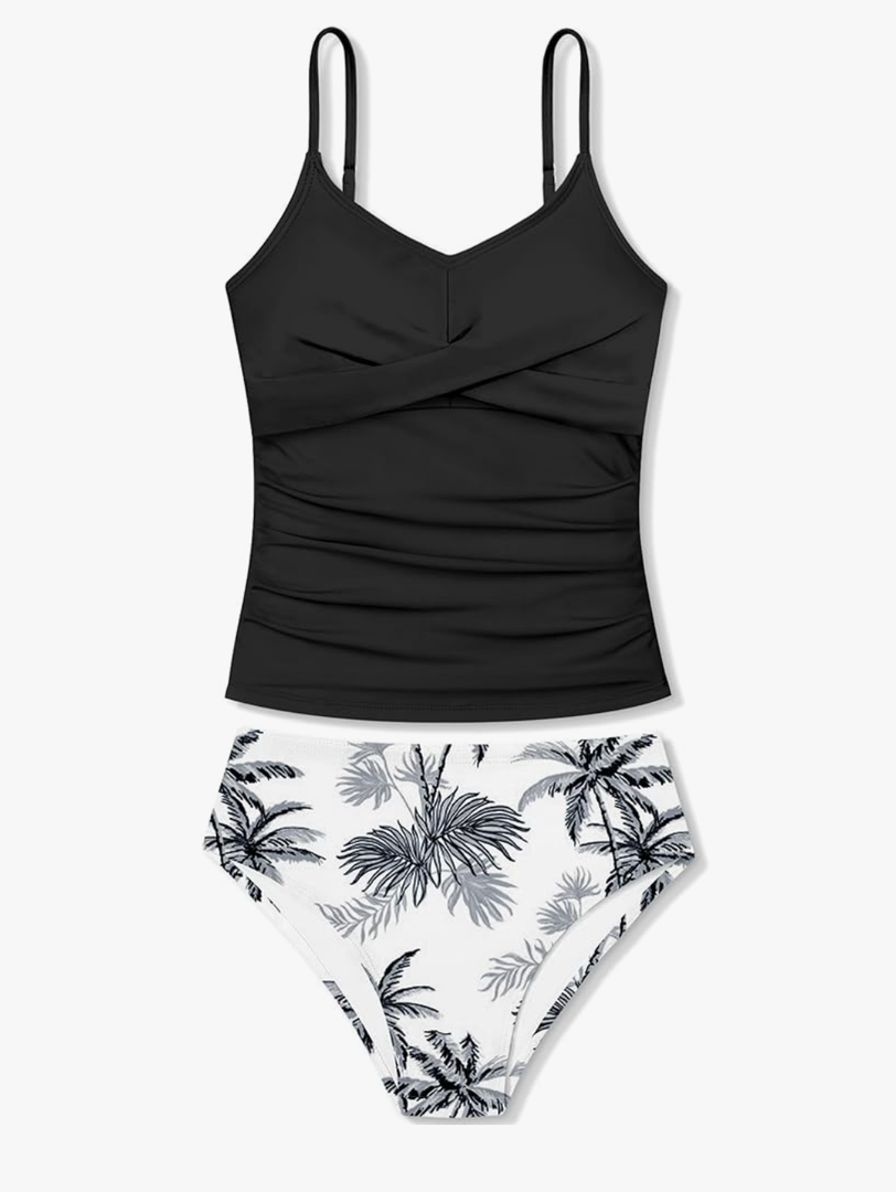 Girls Swimsuit 2 Piece Bathing Suit Criss Cross Ruched Girl Tankini Sets Printed Girls' Swimwear 11-12Yrs