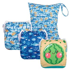 ALVABABY 3pcs Baby Swim Diapers with 1pcs Wet Bag Reuseable Washable & Adjustable for Swimming Lesson & Baby Boy and Girl 3YKL10 (Small (Pack of 3), Watermelon Shark Coconut)