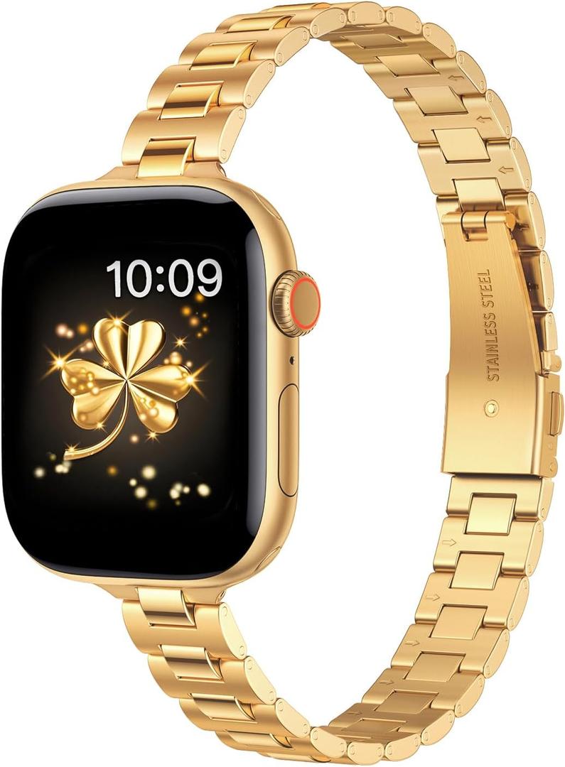 WFEAGL Slim Metal Watch Band Compatible with Apple Watch 38mm 40mm 41mm 42mm(Series 10), Dressy Stainless Steel Strap for Women iWatch Bands Series10/9/8/7/6/5/4/3/2/1/SE (Gold)