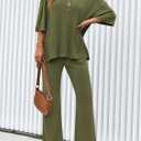 PRETTYGARDEN 2 Piece Lounge Sets for Women Summer 2025 Short Sleeve Tops Wide Leg Pants Matching Travel Outfits Clothing (Army Green,X-Small) (Green, XS)