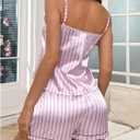 Women's 2 Piece Striped Satin Pajama Set Camisole Tops and Shorts Soft Loungewear Sets (Pink, L)