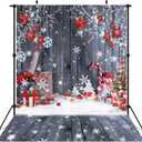 LIVUCEE 5X7FT Christmas Wood Wall Photography Banner Backdrop Winter Holiday Snowflake Xmas Tree Wood Floor Background Party Supplies Decor Photoshoot Studio Booth Props