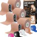 2 x AZEN 3 Rolls Kinesiology Tape, 16.4 ft Waterproof Kinetic Tape for Joints Support and Muscle Pain Relief, Knee Tape, Athletic Tape, Uncut Muscle Tape - Skin