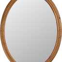 24" x 32" Wall Mount Wood Beaded Frame Oval Mirror, Warm Brown Real Glass Modern Farmhouse Decorative Mirror for Bathroom Vanity, Entryway, Bedroom