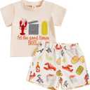 Madjtlqy Toddler Baby Boy Summer Clothes Short Sleeve T Shirt Top Casual Shorts Set Cute Infant Boys Shorts Set (6-12 Months, Beige Eat Crayfish)