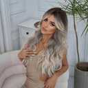 Women Long Ombre Grey Wavy Wigs with Black Root 26 Inch Charming Wigs Natural Looking Synthetic Heat Resistant Fiber Wig for Daily Party Use