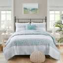 Madison Park King Quilt Set, Seersucker Floral Coverlet, All Season Lightweight Microfiber Bedding Quilt Set, Vermicelli Quilting Design, Throw Pillow, Caralie, King/Cal King Aqua 4 Piece