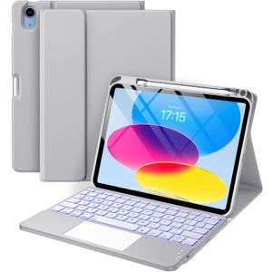 Compatible for iPad 11th 10th Generation Case with Keyboard, Folio Cover with Pencil Holder, Multi-Touch Trackpad, 7 Color Backlit, Detachable Keyboard for iPad (A16) 11th/10th Gen (Gray)