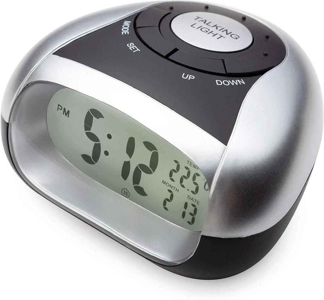 Loud Talking Alarm Clock with Time and Temperature - for Low Vision or Blind (Gray) (Gray)