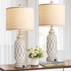 Farmhouse Table Lamps for Bedroom Set of 2, 28" Rustic Bedside Lamp with USB Ports, 3-Way Dimmable Nightstand Table Lamp for Living Room with Linen Drum Shade (Bulbs Included)